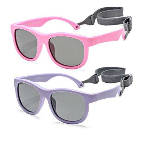 Baby Sunglasses with Strap- UV400 Polarized Lenses- for Toddler Newborn Infant 0-24 Months -2 Pack- Purple/Gray Plus Rose Pink/Gray-