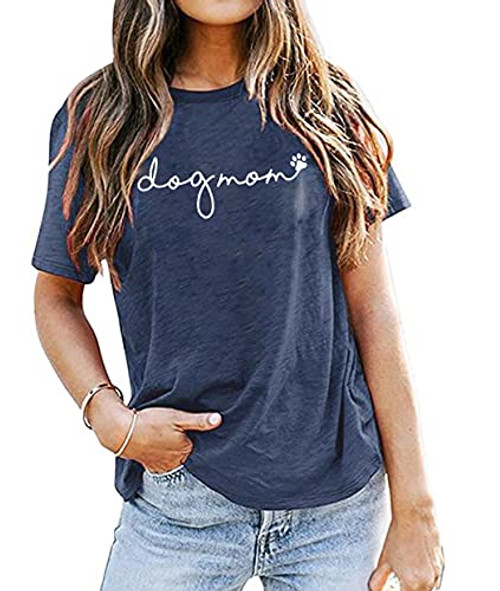 Dog Mom T-Shirt Women Funny Mama O-Neck Graphic Tees Casual Loose Short Sleeve Tops Dog Lover Gift Blouse -Navy Blue- Large-