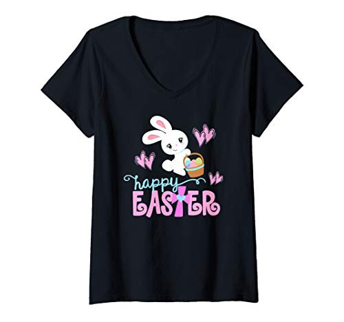 Womens HAPPY EASTER Bunny Egg Basket Christian Cross Girls Toddlers V-Neck T-Shirt