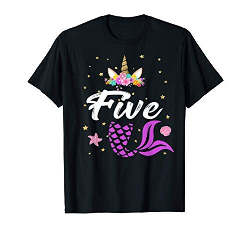 5th Birthday Girl Unicorn Shirt Mermaid Tail 5 Years Old T-Shirt