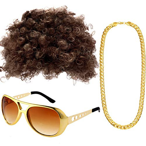 Gejoy Hippie Costume Set Funky Afro Wig Sunglasses Necklace for 50/60/70s Theme Party -Style A-- gold- Medium