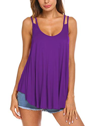 Women's Summer Casual V Neck Flowy Tank Top Strappy Cami Swing Tops Purple L