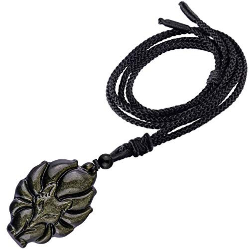 Nupuyai Gold Obsidian Fox Pendant Healing Crystal Necklace for Unisex- Hand Carved Amulet Reiki Stone Jewelry Adjustable Size 18-26 Inches