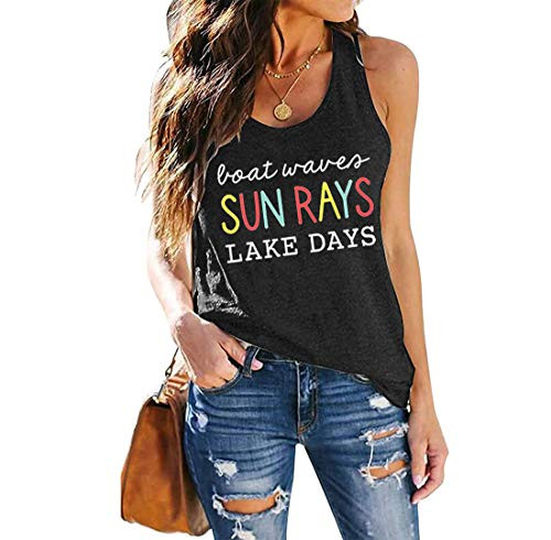 Lake Life Shirts Women Boat Waves Sun Rays Lake Days Tank Tops Funny Letter Print Summer Beach Vacation Racerback Tshirt -M- Gray-