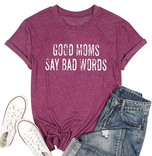 KNEYATTA Good Mom Say Bad Words T Shirt Mom Life Short Sleeve Women Funny Graphic Printed Short Casual Tee Tops -Purple- S- KNEYATTA Good Mom Say Bad Words T Shirt Mom Life Short Sleeve Women Funny Graphic Printed Short Casual Tee Tops -Purple- S-