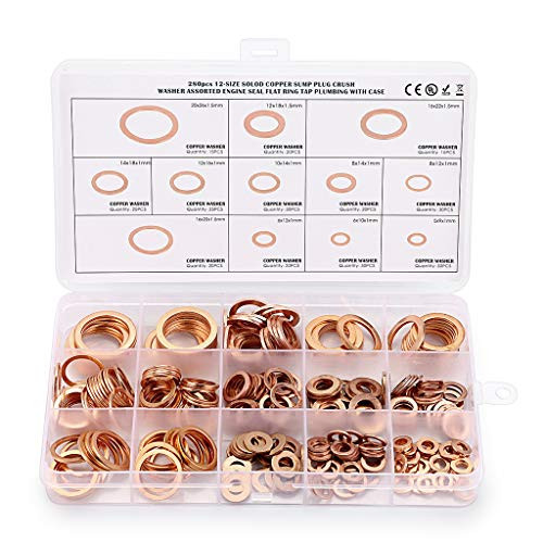 OwnMy 280Pcs 12 Sizes Brass Flat and Lock Washers Assortment Metric Ring Copper Crush Sealing Washer Gasket with Box - Size Includes Flat Washers M5 M6 M8 M10 M12 M14 M16 M20