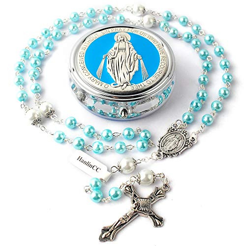 HanlinCC 6mm Glass Pearl Beads with 8mm Our Father Beads with Caps Rosary Necklace Pack in Miraculous Metal Gift Box -Light Blue Rosary with Miraculous Gift Box-