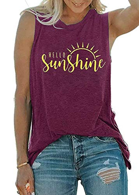 TAOHONG Sunshine Shirt Women Sleeveless Graphic Shirts Cute Sayings Print Tank Tops Summer Beach Vacation Casual Vest Tee -Purple red- X-Large-
