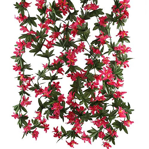 HUAESIN Artificial Vine Flowers 4pcs 5.9 FT Morning Glory Fake Hanging Plants Silk Garland Home Garden Wall Fence Stairway Outdoor Wedding Hanging Baskets Decor Red