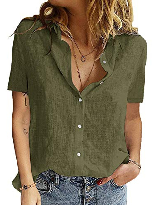 Karlywindow Womens Short Sleeve Button Down Cotton Linen Shirts Blouse Loose Fit Casual Summer Tops Army Green Karlywindow Womens Short Sleeve Button Down Cotton Linen Shirts Blouse Loose Fit Casual Summer Tops Army Green
