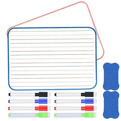 Small Dry Erase White Board for Kids Portable Dry Erase Lap Board with Line Double Sided- Students Learning Writing Home Studying with 8 Markers- 2 Pack