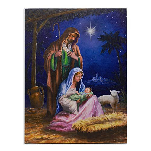 Nativity Canvas Wall Art - Light Up Religious Picture LED Lighted Mary Joseph and Baby Jesus in a Manger Stable Scene Painting Like Print - Ready to Hang