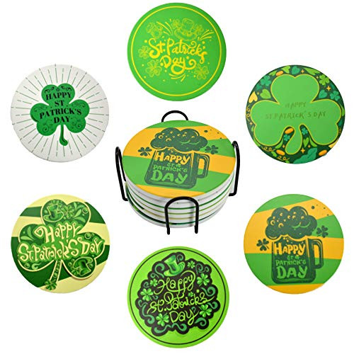 MINETY St.Patricks Day Coaster Set of 6 Coaster for Drinks Absorbent Ceramic with Cork Base-Ceramic Drink Coasters for Cold Drinks Wine Glasses Cups Mugs-Green-
