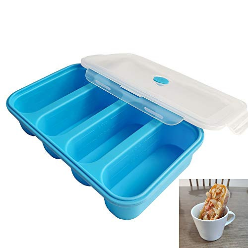 TASHELLS Large Silicone Soup Freezer Tray with Lid-4 Portion Cube Freezer Storage Containers-1 Cup-1/2 Cup Capacity Marked Inside-Blue