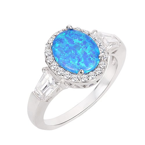 CloseoutWarehouse Oval Halo Blue Simulated Opal Ring Sterling Silver Size 7