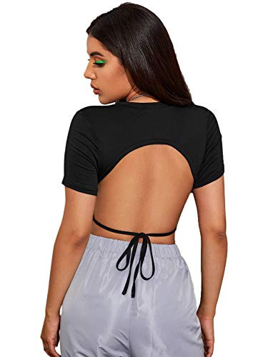 SheIn Women's Sexy Backless Crop Top Short Sleeve Slim Tie Back Tee Shirt Black3 X-Small