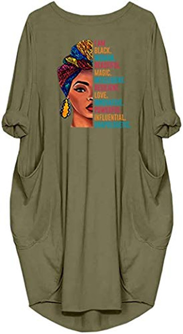 AIMOS Black Woman Beautiful Magic Tunic Dress Long Sleeve Loose Pocket Oversize Dresses- Green- Small