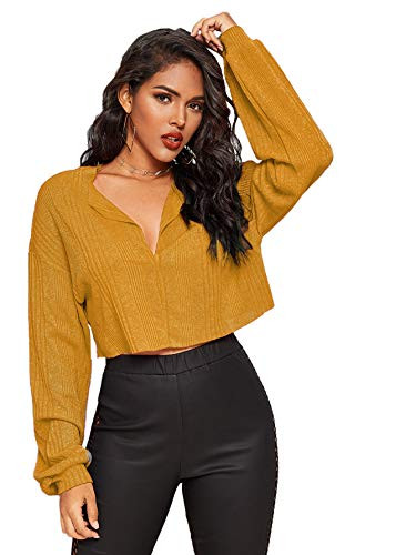 Floerns Women's Casual V Neck Long Sleeve Loose Pullover Crop Tee Shirt Top Yellow XS