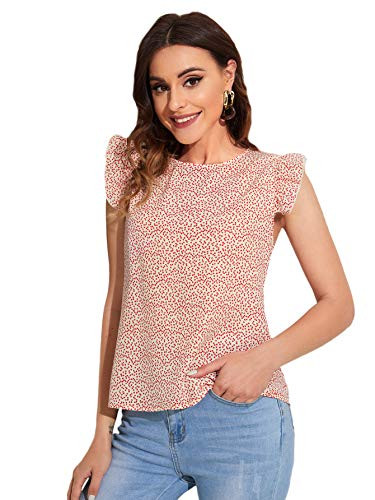 SheIn Women's Sleeveless Ruffle Trim Blouse Tops Round Neck Ditsy Floral Shirt Red White M