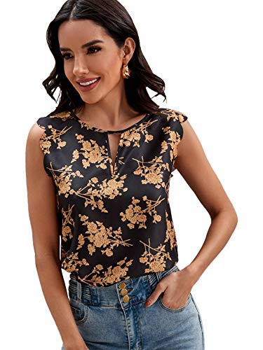 SheIn Women's Sleeveless Keyhole Neck Scallop Trim Floral Blouse Tops Shirt Black XL