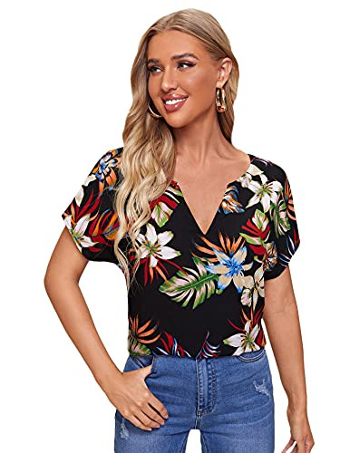 SheIn Women's Short Batwing Sleeve Notched Neck Floral Print Boho Blouse Top Black M