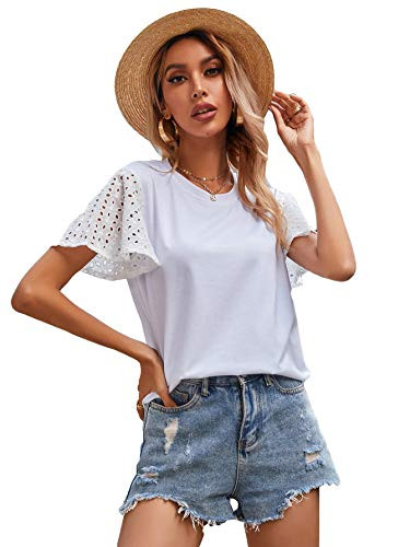 Romwe Women's Casual Ruffle Lace Short Sleeve Round Neck Plain T Shirt Tee Tops White XL