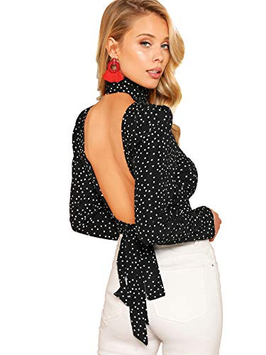 Romwe Women's Sexy Backless Open Tie Back High Neck Dot Print Party Blouse Top Black Dots L