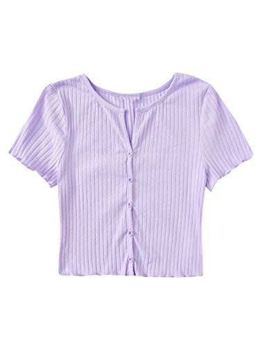 Floerns Women's Lettuce Trim Button Down Short Sleeve Rib Knit Crop Top T-Shirts Lilac Purple L