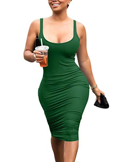 Mokoru Women's Casual Basic Pencil Tank Dress Sexy Sleeveless Bodycon Midi Club Dress- Medium- Dark Green