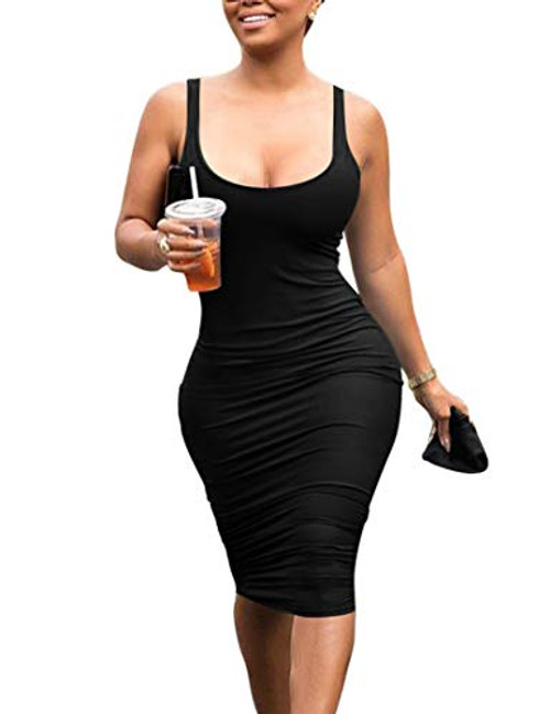 Mokoru Women's Casual Basic Pencil Tank Dress Sexy Sleeveless Bodycon Midi Club Dress- X-Large- Black