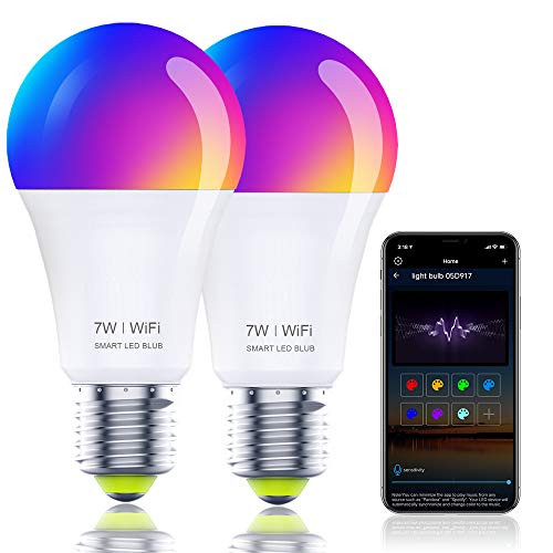 YHW Smart WiFi LED Light Bulb-Work With Alexa-Google Home-Color Changing RGB Sync Music WiFi Bulb-7W 60W 600LM Dimmable LED Bulb-E26 Mood Lighting For Bedroom-No Hub Require-Support WiFi/Alexa-