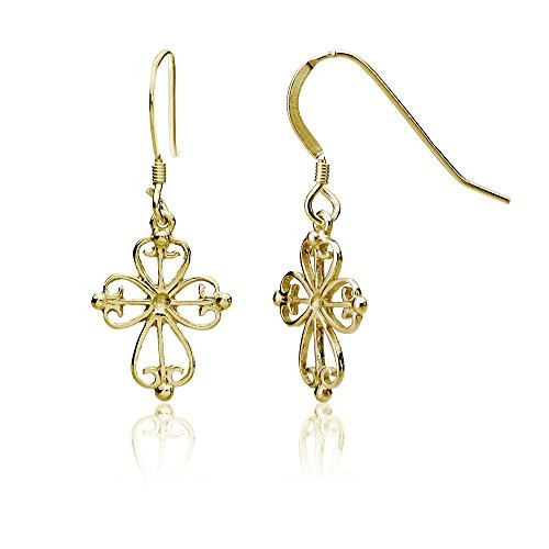 Yellow Gold Flashed Sterling Silver Celtic Filigree Cross Dangle Earrings