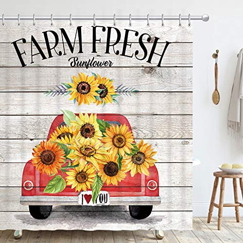 Polyester Fabric Waterproof Wood Board Truck Farmhouse Style Sunflower Shower Curtain Set with 12 Hooks Watercolor Decorative Bath Curtain Modern Bathroom Accessories- Machine Washable -72inch X 72inch-