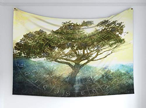Ambesonne Tree of Life Tapestry- Sun Beaming Through Tree Astrology Chart Bohemian Style Print- Fabric Wall Hanging Decor for Bedroom Living Room Dorm- 60inch X 40inch- Yellow Green