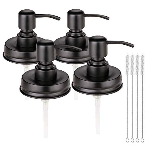 4 Pack Mason Jar Soap Dispenser Lids with Pumps- Rustproof Stainless Steel- Lotion Soap Dispenser Lids Replacement for 16 oz Regular Mouth Mason Jar Decor- 4 Brushes Included