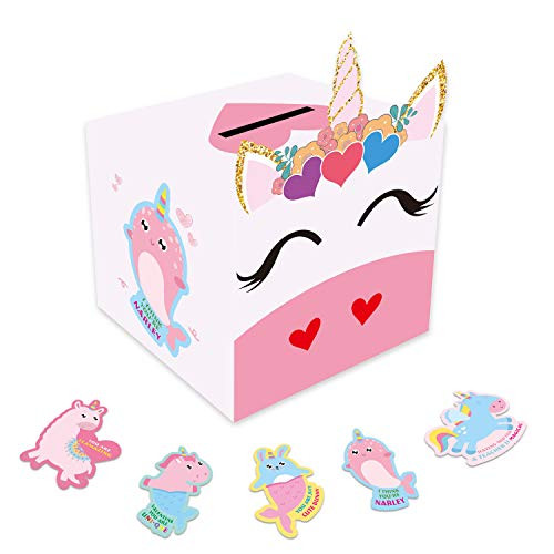 Valentines Day Cards for Kids - Unicorn Valentines Boxes and Funny Valentines Day Cards for School Classroom Exchange Party Supplies- Include 1 Mailbox- 32 Valentine Cards- 1 Teacher Card