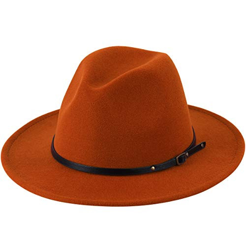 Lanzom Womens Classic Wide Brim Floppy Panama Hat Belt Buckle Wool Fedora Hat -One Size- Caramel-