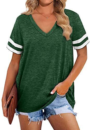 Yanekop Womens Basic V Neck T Shirt Casual Loose Fit Striped Short Sleeve Tops Tees-T-Green-XL-