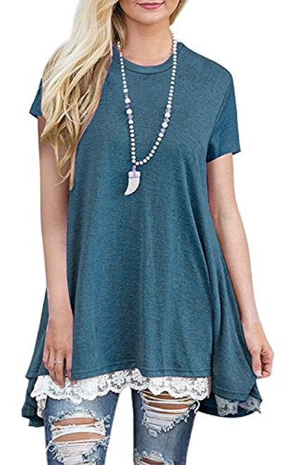 Womens Plus Size Short Sleeve A-Line Flowy Tunic Tops Lace Trim Shirt Blouse X-Large Navy