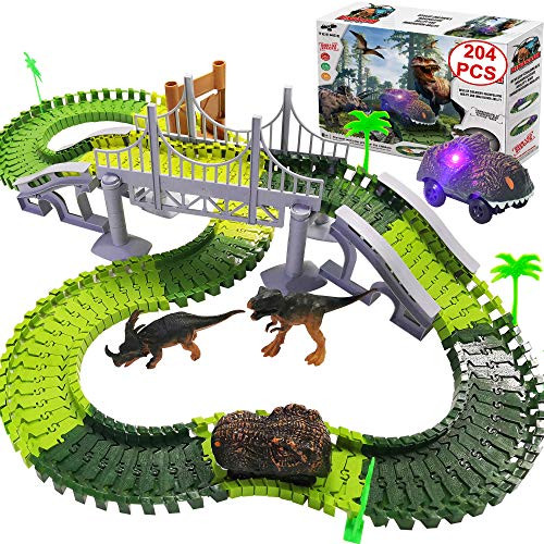 TEEMEE Dinosaur Toys for Kids 3-5- 204 Pcs Kids Dinosaur World Race Car Track- Flexible Track with 2 Prehistoric Dinosaur Car  and  2 Dinosaur Toys for Kids 5-7- Dinosaur Games