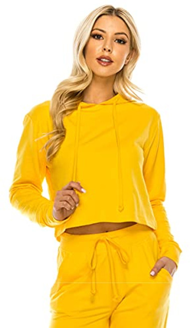 Women's Casual Crop Hoodie Sweatshirt - Long Sleeve Cute Cropped Plain Workout Drawstring Hooded Pullover Top FT4805 D.Yellow M