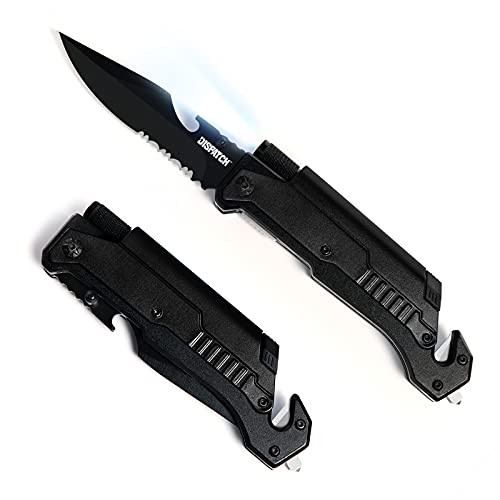DISPATCH Tactical Folding Pocket Knife- with LED Light- Seatbelt Cutter- Window Glass Breaker- Serrated Clip Point Blade and Aluminum Handle for Outdoor- Tactical- Survival- and EDC- 5'' Closed- Black