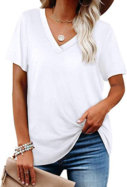 Women's Short Sleeve V Neck T Shirts Loose Fit Soft Basic Tee Casual Tops White Women's Short Sleeve V Neck T Shirts Loose Fit Soft Basic Tee Casual Tops White