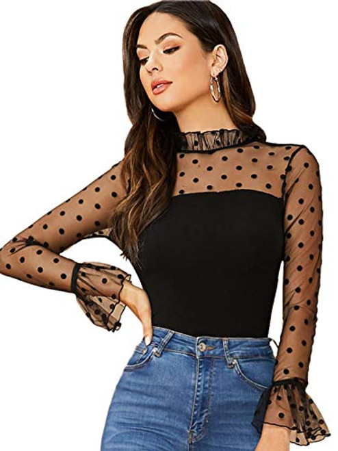 SOLY HUX Women's Polka Dots Mesh Long Sleeve Frill Trim Mock Neck Tee Top Black L SOLY HUX Women's Polka Dots Mesh Long Sleeve Frill Trim Mock Neck Tee Top Black L