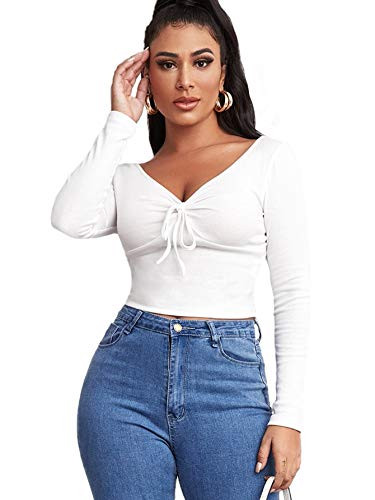 SOLY HUX Women's V Neck Ruched Tie Front Long Sleeve T Shirt Ribbed Knit Crop Top White S