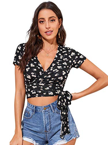 SheIn Women's V Neck Short Sleeve Self Tie Wrap Floral Crop Tops Blouse Floral Black Large
