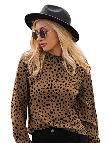 Romwe Women's Polka Dots Frill Mock Neck Long Sleeve Work Blouse Tops Brown S
