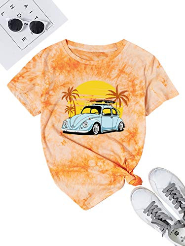 Romwe Women's Casual Graphic  and  Letter Print Short Sleeve Basic Summer Tee Tops T-Shirt Orange Tie dye M