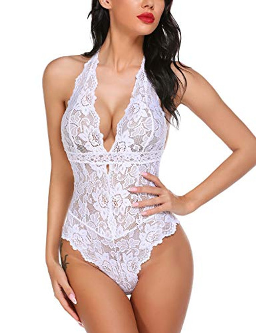 ADOME Women One Piece Lingerie Sexy Snap Crotch Bodysuit Lingerie Lace Teddy-White-M- ADOME Women One Piece Lingerie Sexy Snap Crotch Bodysuit Lingerie Lace Teddy-White-M-