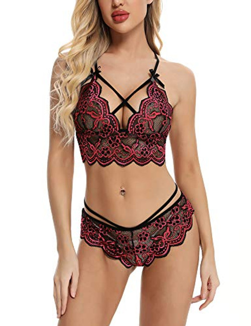 klier Women Sexy Lingerie Set Lace Bra and Panty Sets 2 Piece Strappy Babydoll Bodysuit Rose Red klier Women Sexy Lingerie Set Lace Bra and Panty Sets 2 Piece Strappy Babydoll Bodysuit Rose Red